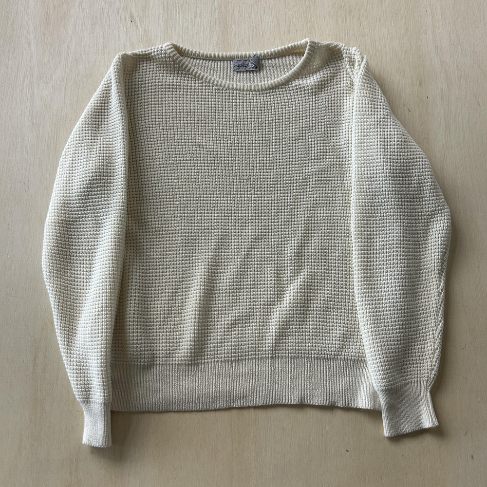 Vintage Letter B Sweater Womens Medium White Crew Neck Waffle-Knit Long Sleeve